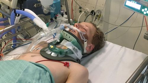 The 12-year-old's spinal cord was damaged, not severed. But for two the first two months in ICU, he struggled to breathe. (Supplied)