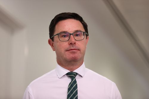 Líder nacional David Littleproud durante uma parada na porta do Parlamento em Canberra em 6 de outubro de 2025. fedpol Foto: Dominic Lorrimer