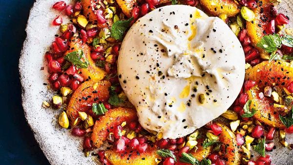Burrata and burnt orange salad with pistachios, mint and pomegranate recipe by Sabrina Ghayour