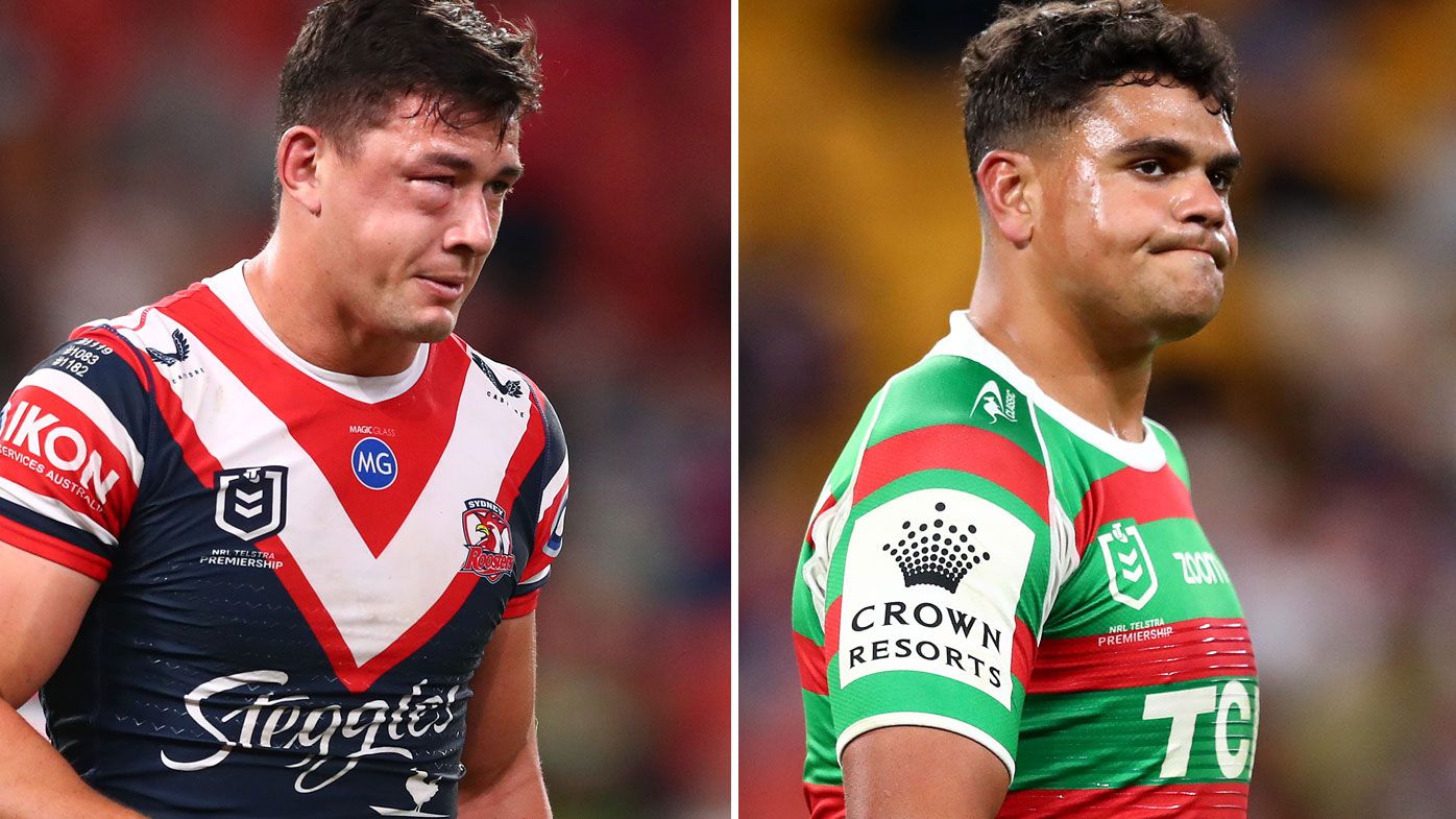 Joey Manu suffered a suspected facial fracture after a big hit from Latrell Mitchell.