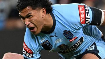 Jacob Saifiti scores a try for NSW in State of Origin III, 2022.