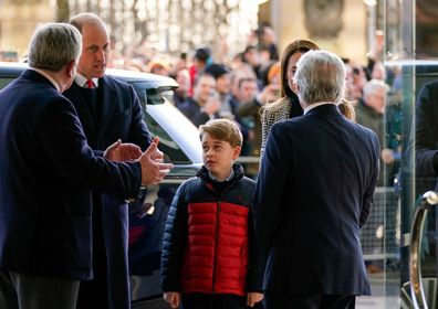 Prince William, Kate Middleton, Duchess of Cambridge and Prince George arrive to watch the Six Nations rugby match between England and Wales, at Twickenham stadium, London, Saturday, Feb. 26, 2022.