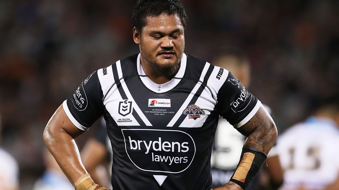 Joseph Leilua of the Tigers looks dejected during the round nine NRL match between the Wests Tigers and the Gold Coast Titans at Campbelltown Sports Stadium, on May 08, 2021, in Sydney, Australia. (Photo by Matt King/Getty Images)