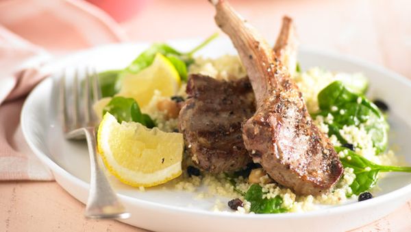 Chickpea couscous salad with lamb cutlets