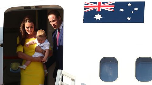 Duchess Kate, Prince George and Prince William pictured arriving in Sydney. It would be Prince George's first trip abroad. (Getty)