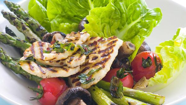 Grilled haloumi and warm vegetable salad
