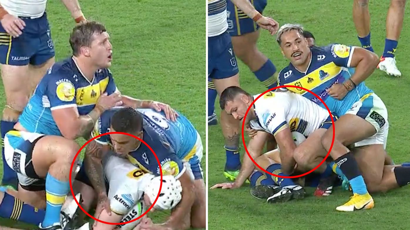 (L-R)  Erin Clark and Toby Sexton refuse to let go of Reed Mahoney, Jamayne Isaako and Patrick Herbert do the same to Mitch Rein 