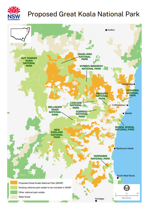 A map showing the proposed boundaries of the Great Koala National Park in New South Wales.
