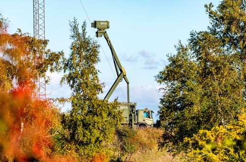 A mobile radar installation at the Danish military site on Amager, Pionegaarden, near the village of Dragoer and on the coast of Oresund, the sea between Denmark and Sweden.