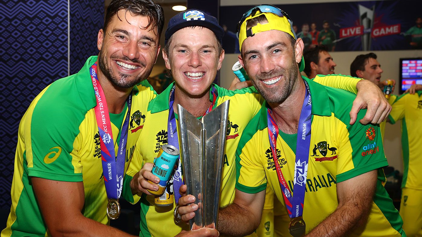 Marcus Stoinis, Adam Zampa and Glenn Maxwell of Australia celebrate following the ICC Men&#x27;s T20 World Cup final 