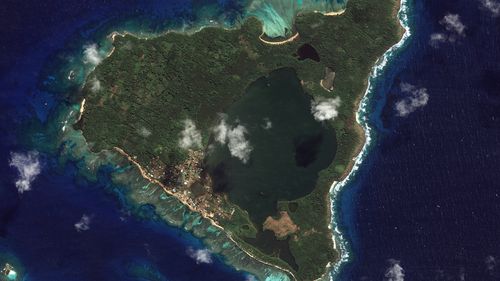This satellite image provided by Maxar Technologies shows an overview of Nomuka in the Tonga island group before the volcanic eruption. 
