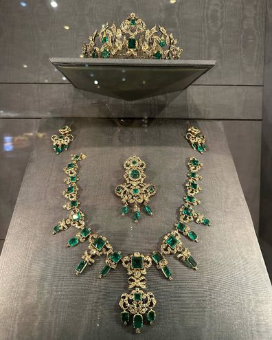 The Emerald Danish Crown Jewels on display.