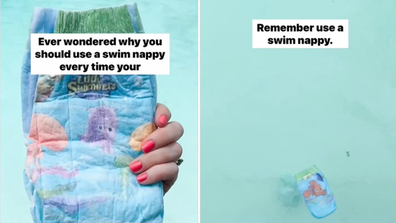 (Left) Close up of a swim nappy. (Right) Swim nappy floating in a pool.