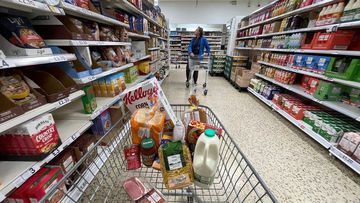 Trolley in supermarket carrying different food items.