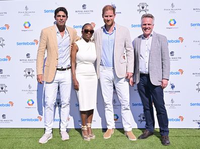WELLINGTON, FLORIDA - APRIL 12: Nacho Figueras, Dr. Sophie Chandauka, Chair of Sentebale, Prince Harry, Duke of Sussex and Richard Miller, CEO, Sentebale attend the Royal Salute Polo Challenge benefitting Sentebale at Grand Champions Polo Club on April 12, 2024 in Wellington, Florida. The annual Polo Cup has been running since 2010, and to date has raised over £11.4 million to support Sentebale's work with children and young people affected by poverty, inequality and HIV/AIDS in southern Africa.