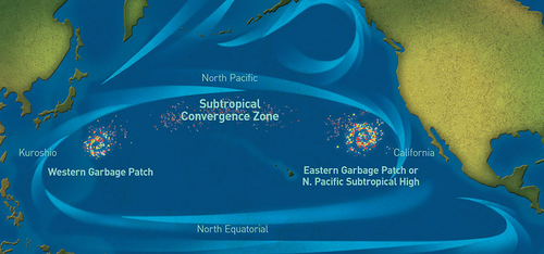Marine debris concentrates in various regions of the North Pacific.