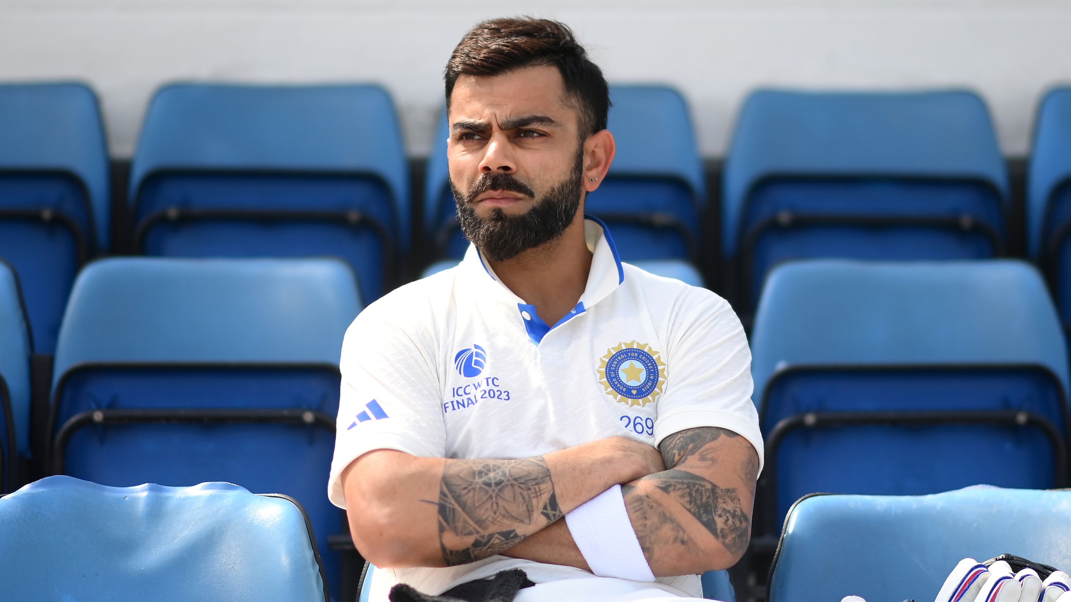 Virat Kohli of India waits before batting during day five of the ICC World Test Championship Final between Australia and India at The Oval on June 11, 2023 in London, England. (Photo by Alex Davidson-ICC/ICC via Getty Images)