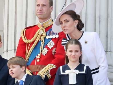 Prince George of Wales, Prince William, Prince of Wales, Prince Louis of Wales, Princess Charlotte of Wales and Catherine, Princess of Wales on the balcony of Buckingham Palace during Trooping the Colour on June 15, 2024 in London, England.
