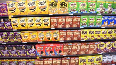 Cereal on the supermarket shelves.
