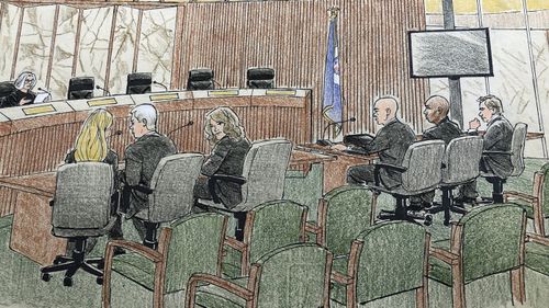 This courtroom sketch depicts jury selection Monday, April 1, 2019, in Minneapolis in the trial of former Minneapolis police officer Mohamed Noor, second from right, who fatally shot an unarmed Australian woman after she called 911.