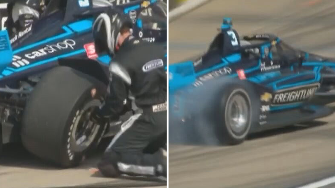 Frightening pit lane crash breaks IndyCar crew member's leg