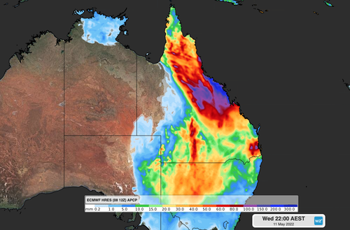 Forecast accumulated rain on Wednesday, May 11, according to the ECMWF-HRES model.