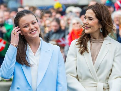 AARHUS, DENMARK - APRIL 11: (L-R) Princess Isabella of Denmark and Queen Mary of Denmark in front of Aarhus City Hall to celebrate Princess Isabella Of Denmark's 18th birthday on April 11, 2025 in Aarhus, Denmark. (Photo by Martin Sylvest Andersen/Getty Images)