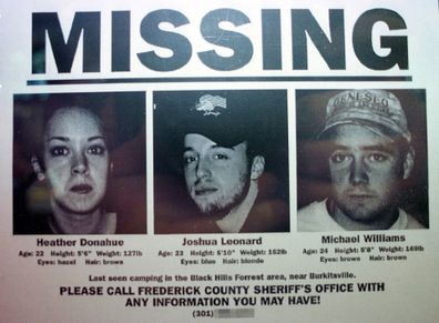 372696 01: One of the Blair Witch Project "artifacts", a missing poster, features the three actors who starred in the film, from left, Heather Donahue, Joshua Leonard and Michael Williams, on display at the GCC Franklin Mills Theater in Philadelphia, Tuesday, August 10, 1999. The film, made for about $35,000, has turned the independent film world upside down, by earning $50 million after it's first week of wide release. (Photo by William Thomas Cain