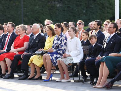 STOCKHOLM, SWEDEN - SEPTEMBER 16: King Carl XVI Gustaf, Queen Silvia of Sweden, Crown Princess Victoria, Princess Estelle, Prince Oscar and Prince Daniel at the jubilee concert on Norrbro, organized by the City of Stockholm during celebrations of the 50th anniversary of King Carl XVI Gustaf's accession to the throne on September 16, 2023 in Stockholm, Sweden. (Photo by Iwi Onodera/Getty Images)