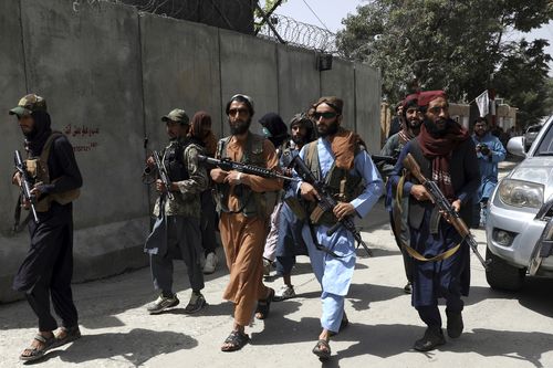 Taliban fighters patrol in Wazir Akbar Khan neighbourhood in the city of Kabul, Afghanistan.