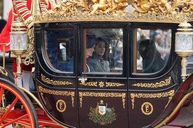 First lady of South Korean Kim Keon Hee and Queen Camilla travel by the Australian State Coach from Horse Guards to Buckingham Palace