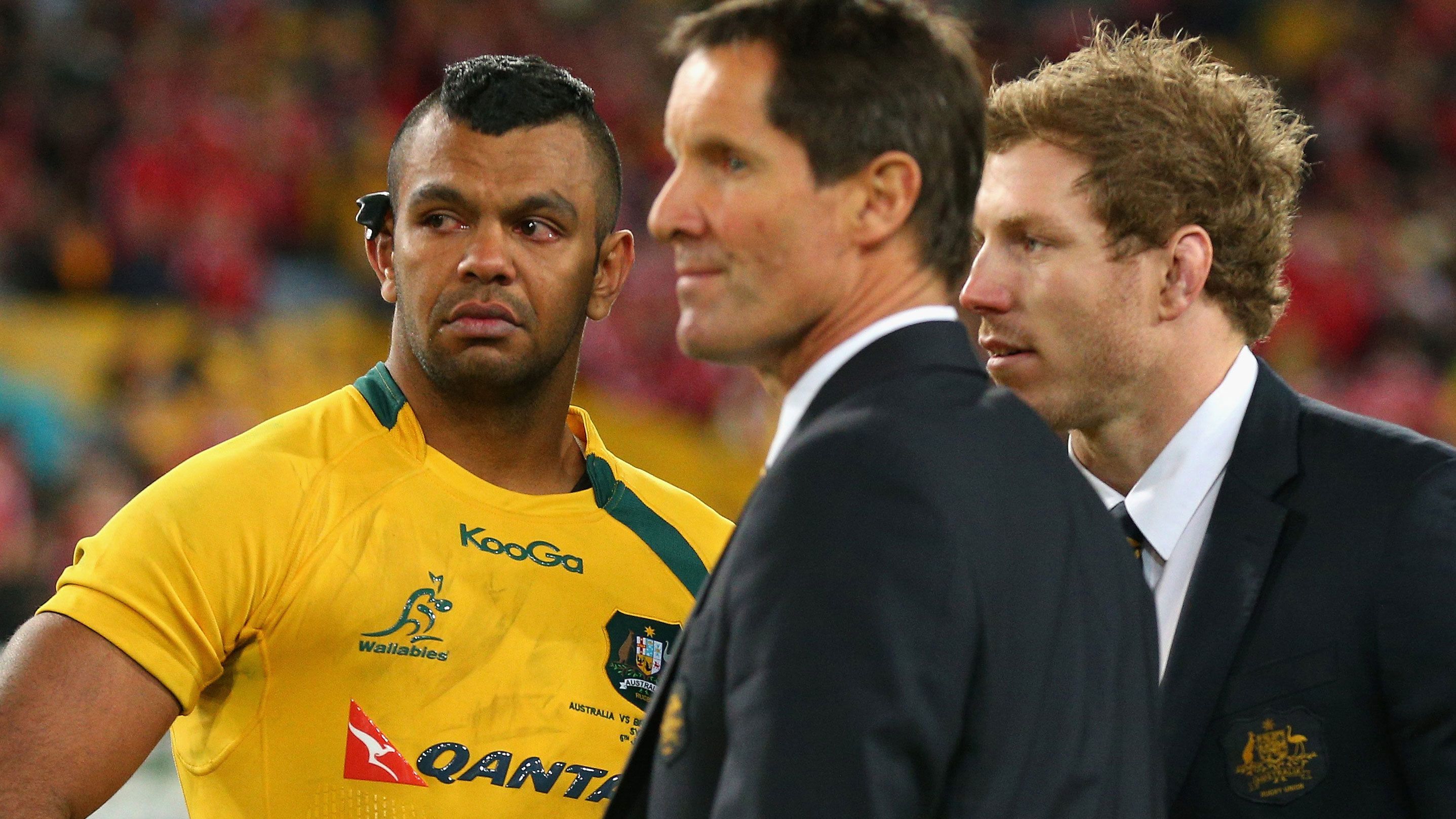 Wallabies star Kurtley Beale with coach Robbie Deans and David Pocock after a loss to the British &amp; Irish Lions at ANZ Stadium on July 6, 2013 in Sydney, Australia.