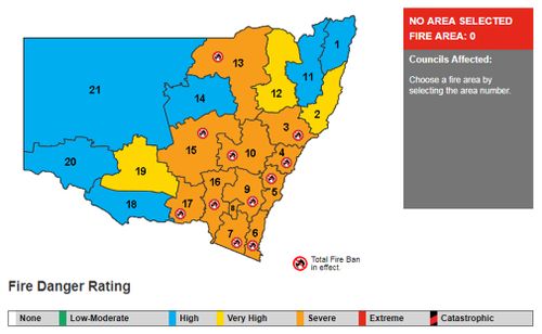 Up to a dozen areas through the NSW's central and eastern parts have fire bans in place. (rfs.nsw.gov.au)