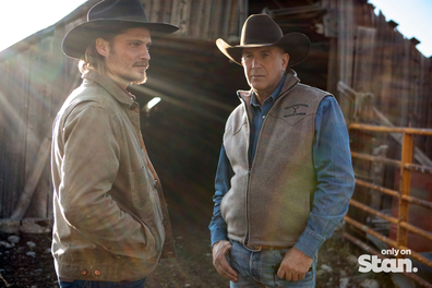 Kevin Costner as John Dutton, right, and Luke Grimes as Kayce Dutton.