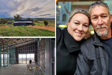 Carissa Perkins and her husband Paul Moon. Left, the shouse they built in central west NSW.