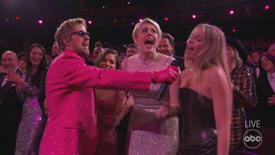Ryan Gosling performs 'I'm Just Ken' with Greta Gerwig and Margot Robbie at the Oscars.