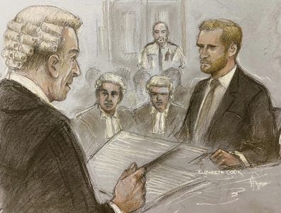 A court artist sketch by Elizabeth Cook of Britain's Prince Harry being being cross examined by Andrew Green KC, as he gives evidence at the Rolls Buildings in central London, Wednesday, June 7, 2023 