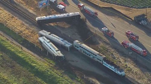 Three carriages were derailed in the accident, which happened just before 6am. (Screenshot: KABC)