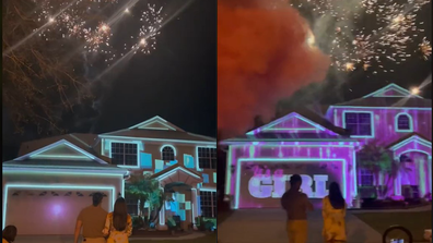 Extravagant gender reveal party with lights show, fire works and smoke bombs.