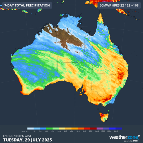 A seven-day precipitation graph for Australia, dated July 24, 2025.