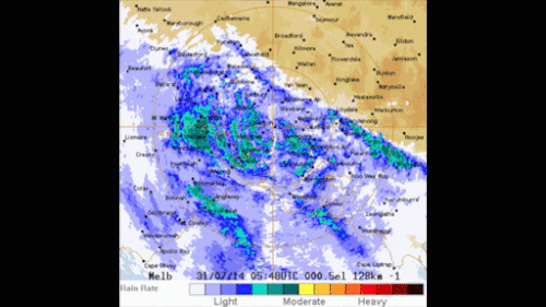 Weather radar images show the storm sweeping through Victoria this afternoon. (Bureau of Meteorology)