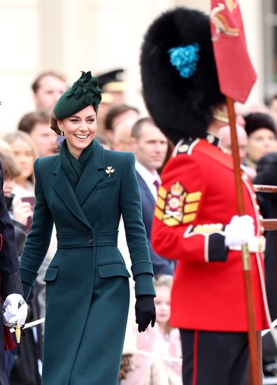 LONDON, ENGLAND - MARCH 17: Catherine, Princess of Wales smiles during the 2025 Irish Guards' St. Patrick's Day Parade at Wellington Barracks on March 17, 2025 in London, England. Catherine, Princess of Wales attends the parade as Colonel of the Regiment. (Photo by Chris Jackson/Getty Images)