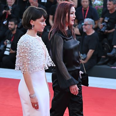 Cailee Spaeny and Priscilla Presley attend a red carpet for the movie "Priscilla" at the 80th Venice International Film Festival on September 04, 2023 in Venice, Italy 