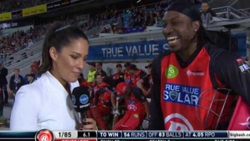 Chris Gayle laughs during the interview with Mel McLaughlin.