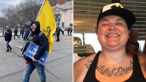 Rosanne Boyland holding the 'Don't Tread on Me' flag.