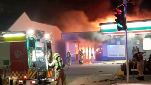 A laundromat and petrol station in Randwick, in Sydney's east, sparked explosion concerns overnight as a fire broke out. Picture: 9NEWS.