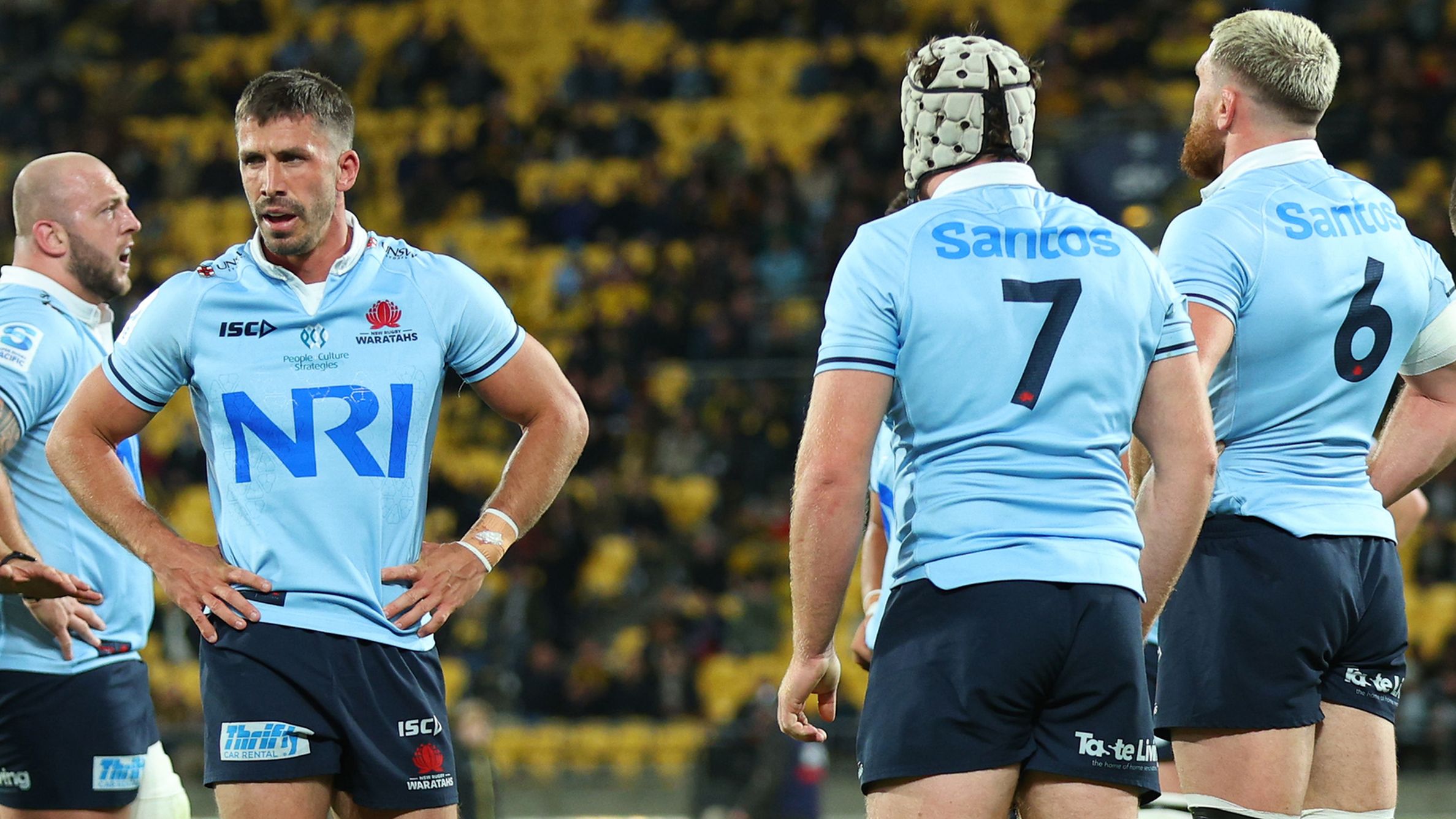 Jake Gordon of the Waratahs looks dejected during the round 11 Super Rugby Pacific match between Hurricanes and NSW Waratahs.