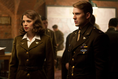 Hayley Atwell as Peggy Carter alongside Chris Evans as Steve Rogers in Captain America: The First Avenger.