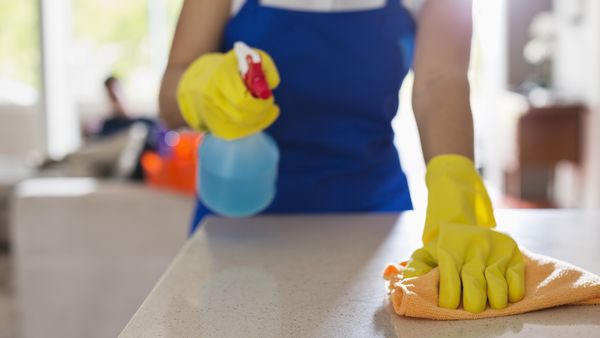 Woman cleaning bench