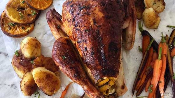 Roast turkey with duck fat potatoes and honeyed carrots
